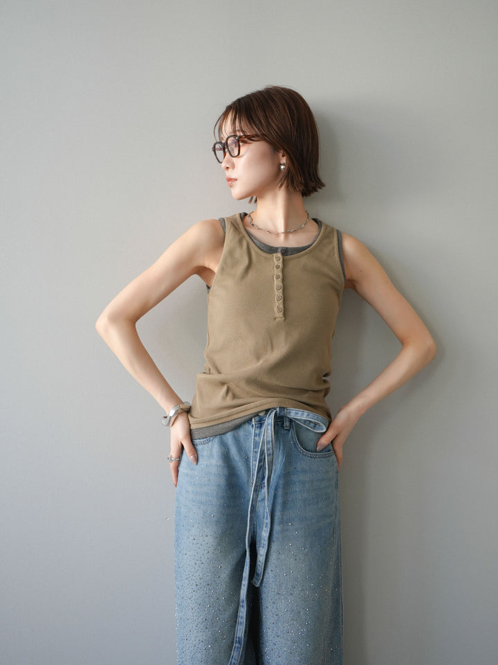 [SET]配色リブヘンリータンクトップ+ウエストベルトビジューワイドデニムパンツ(2set)