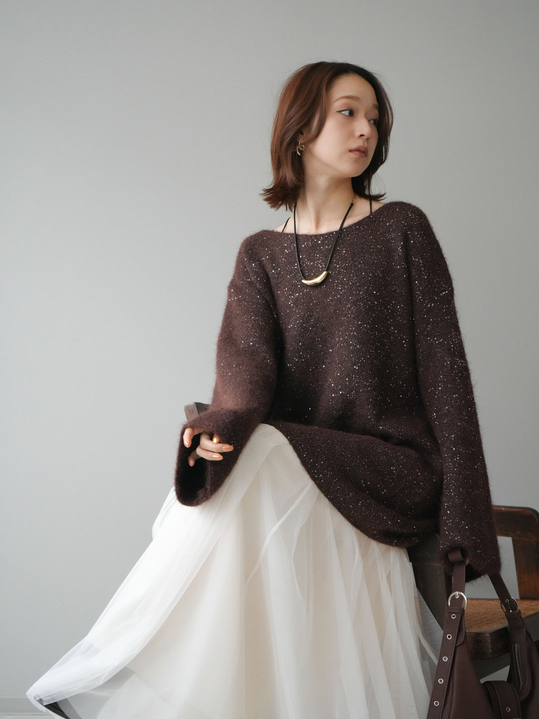 [予約]スパンコールミニシャギーニットチュニック/brown