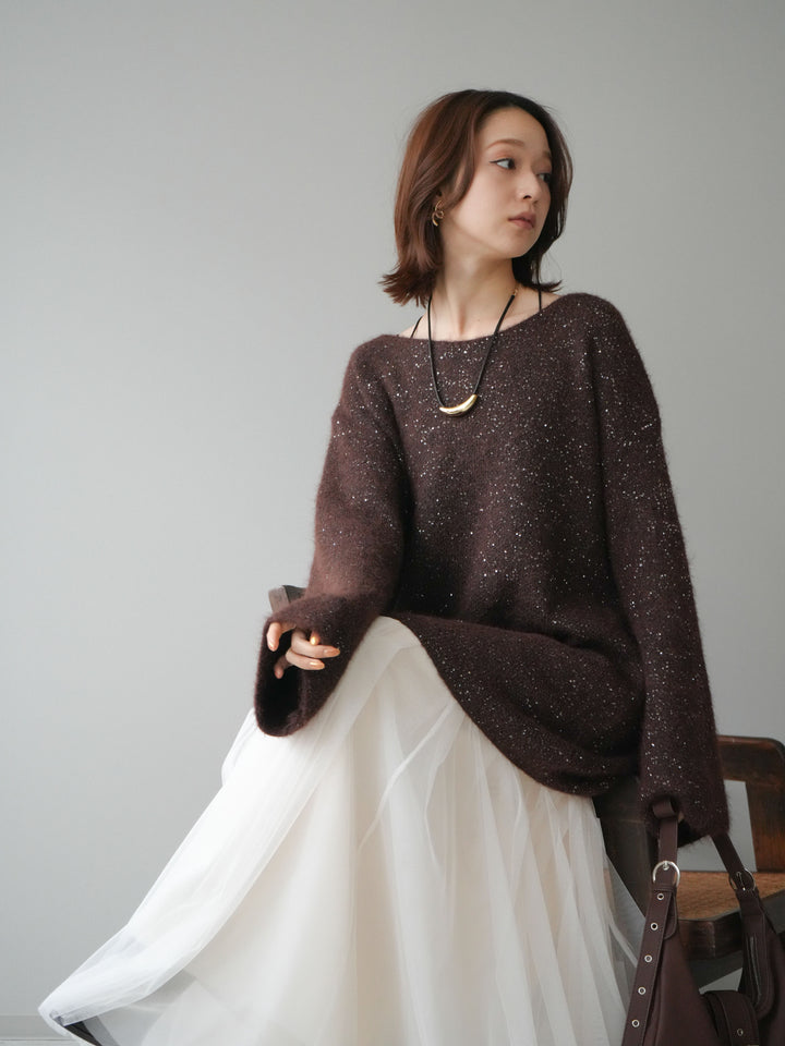 [予約]スパンコールミニシャギーニットチュニック/brown