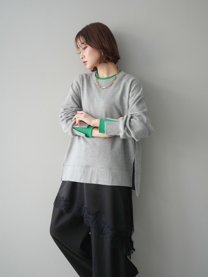 [SET]配色レイヤードデザインスエットプルオーバー+アシンメトリーサテンレースキャミソール(2set)