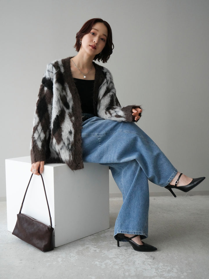 [予約]アーガイル柄シャギーニットカーディガン/brown
