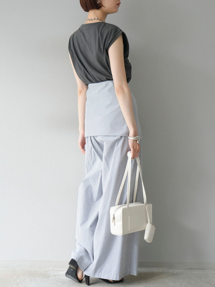 [SET]コード刺繍フレンチスリーブTシャツ+ウエスト巻きストライプイージーパンツ(2set)