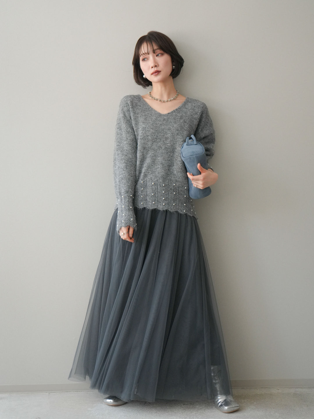 [SET]パールフリルリブヘムニットプルオーバー+チュールボリュームスカート(2set)