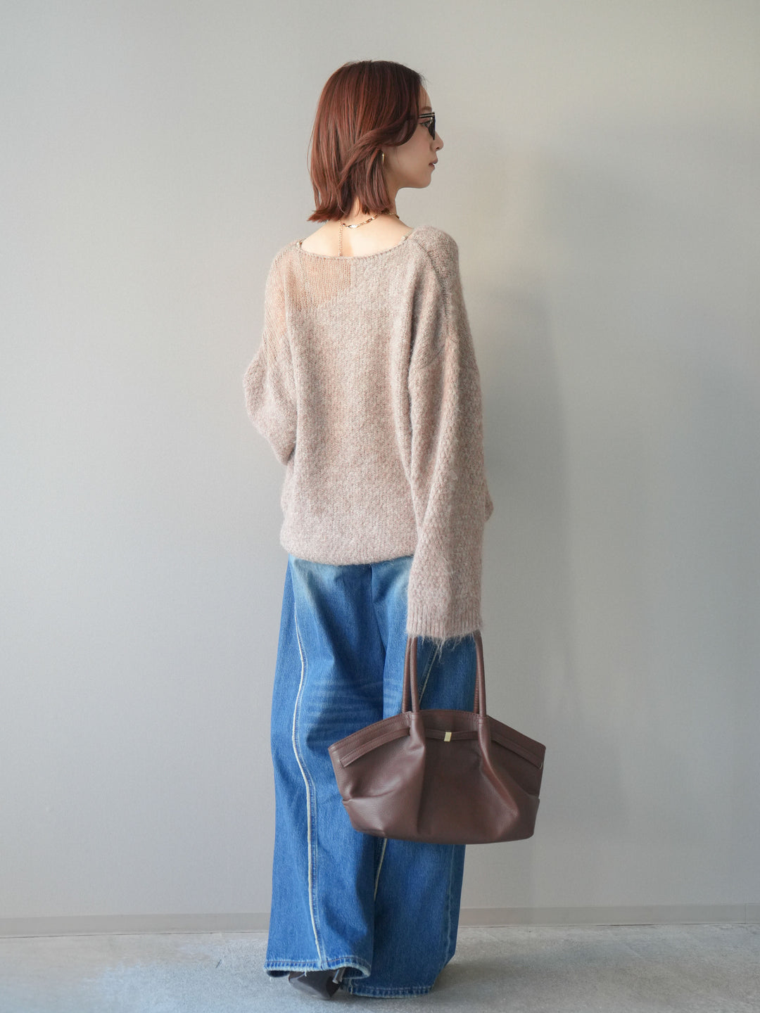 [SET]透かしデザインニットプルオーバー+サイドフリンジワイドデニムパンツ(2set)