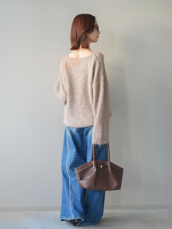 [SET]透かしデザインニットプルオーバー+サイドフリンジワイドデニムパンツ(2set)