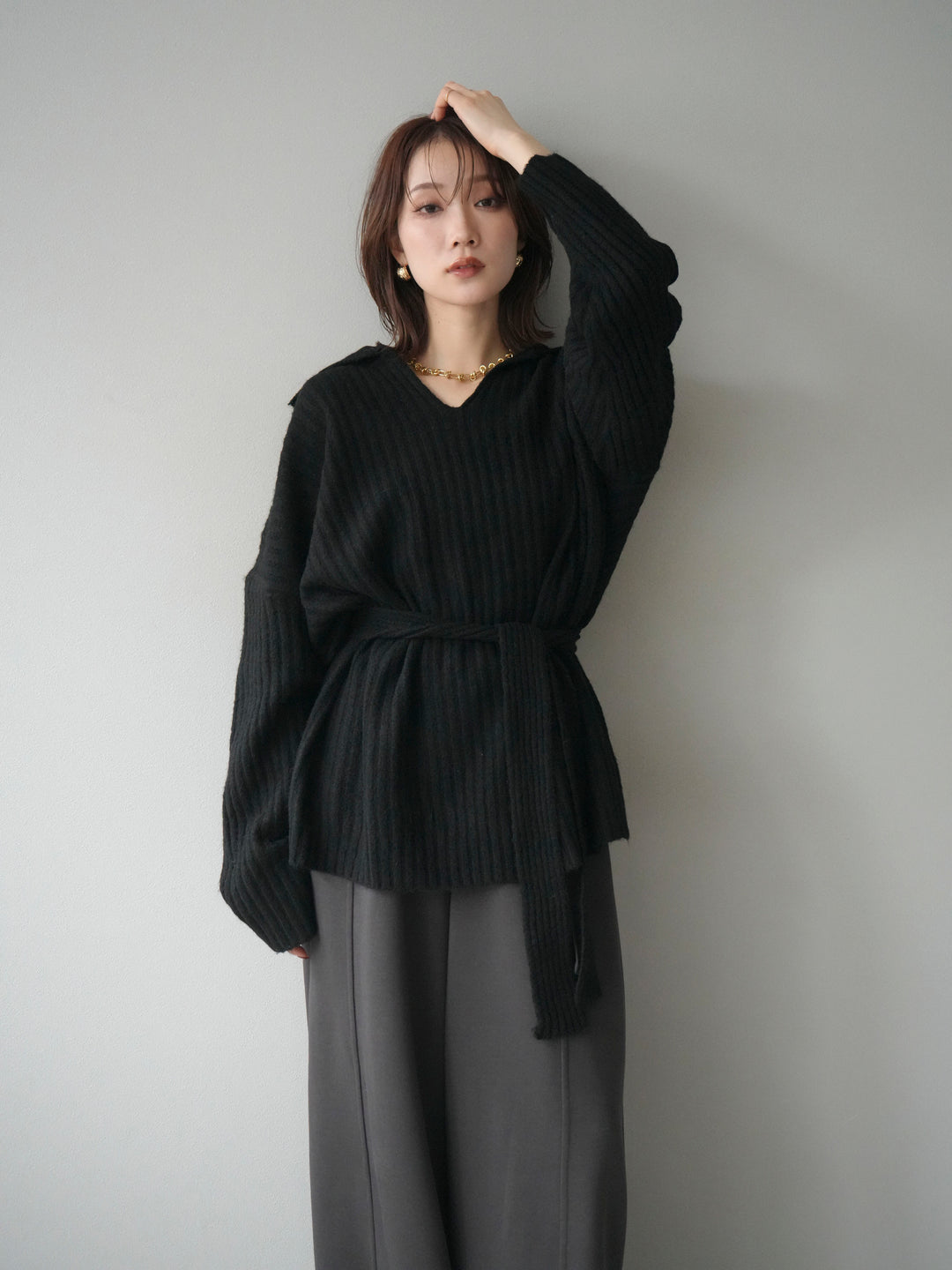 [予約]ワイドリブポロニットプルオーバー/black