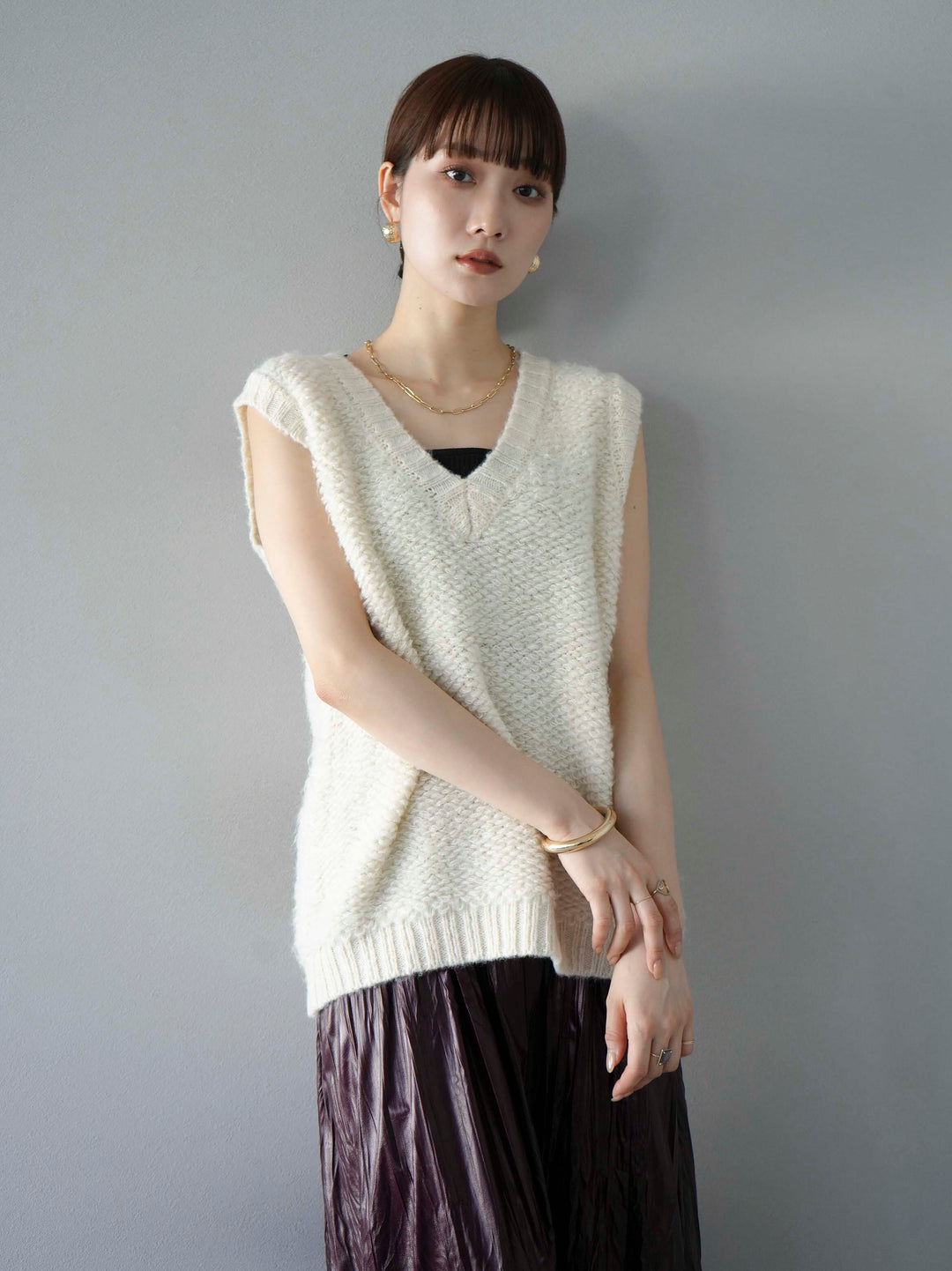 [予約]ループ編みニットベスト/アイボリー