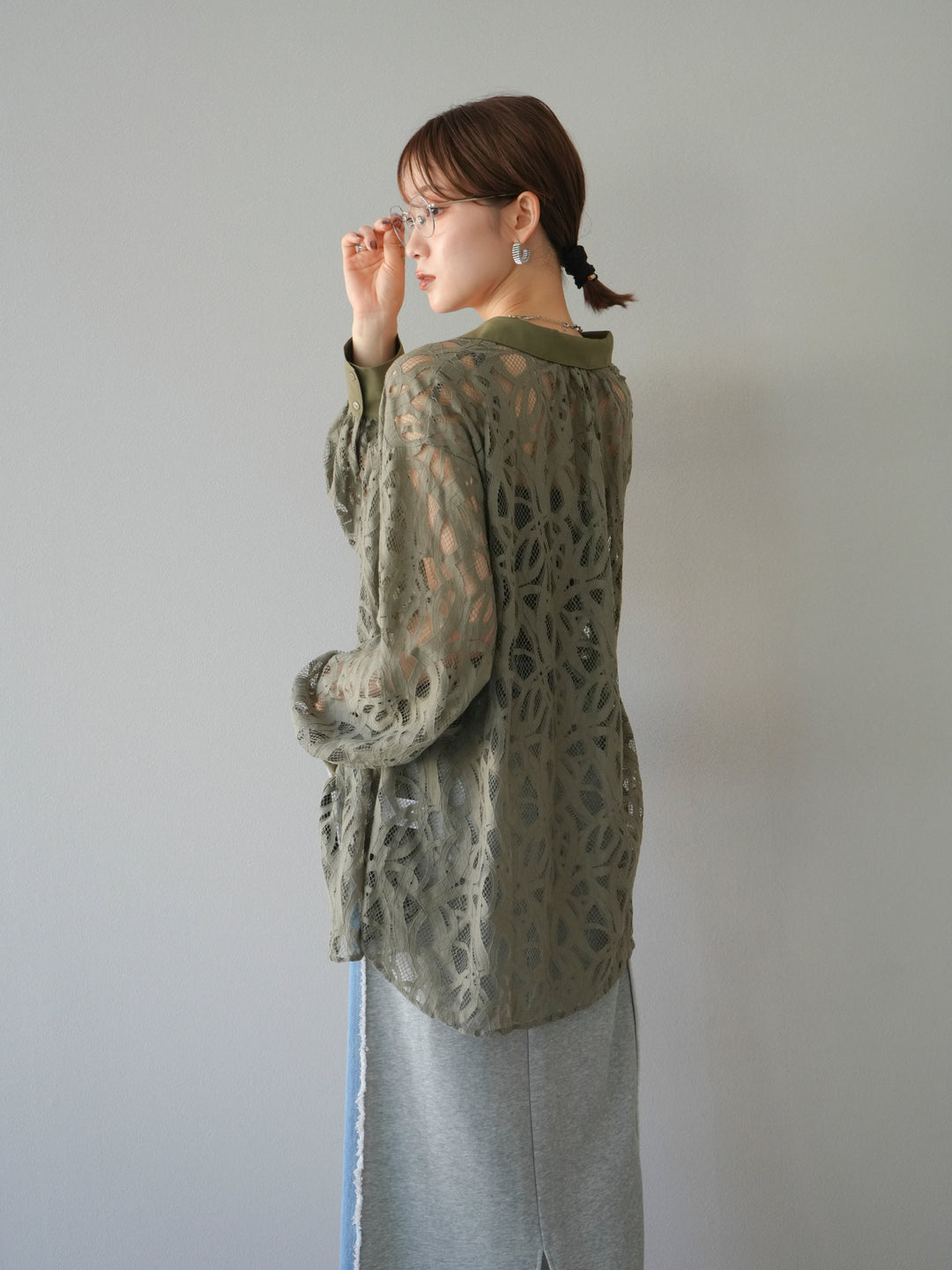 [SET]コードレースオーバーシャツ+デニムドッキングスウェットスカート(2set)