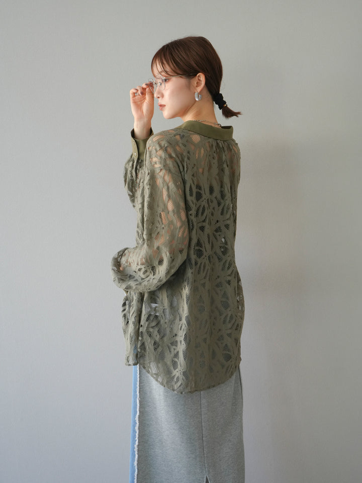 [SET]コードレースオーバーシャツ+デニムドッキングスウェットスカート(2set)