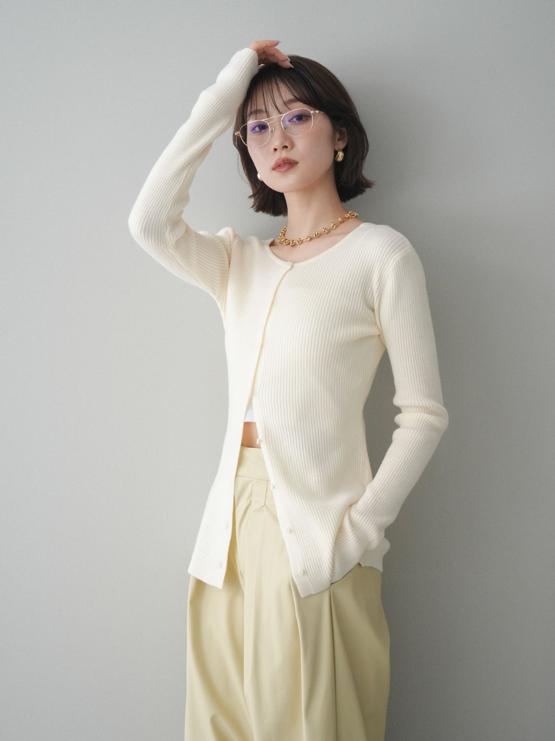 [予約]前後2WAYリブ編みクルーネックカーディガン/ivory