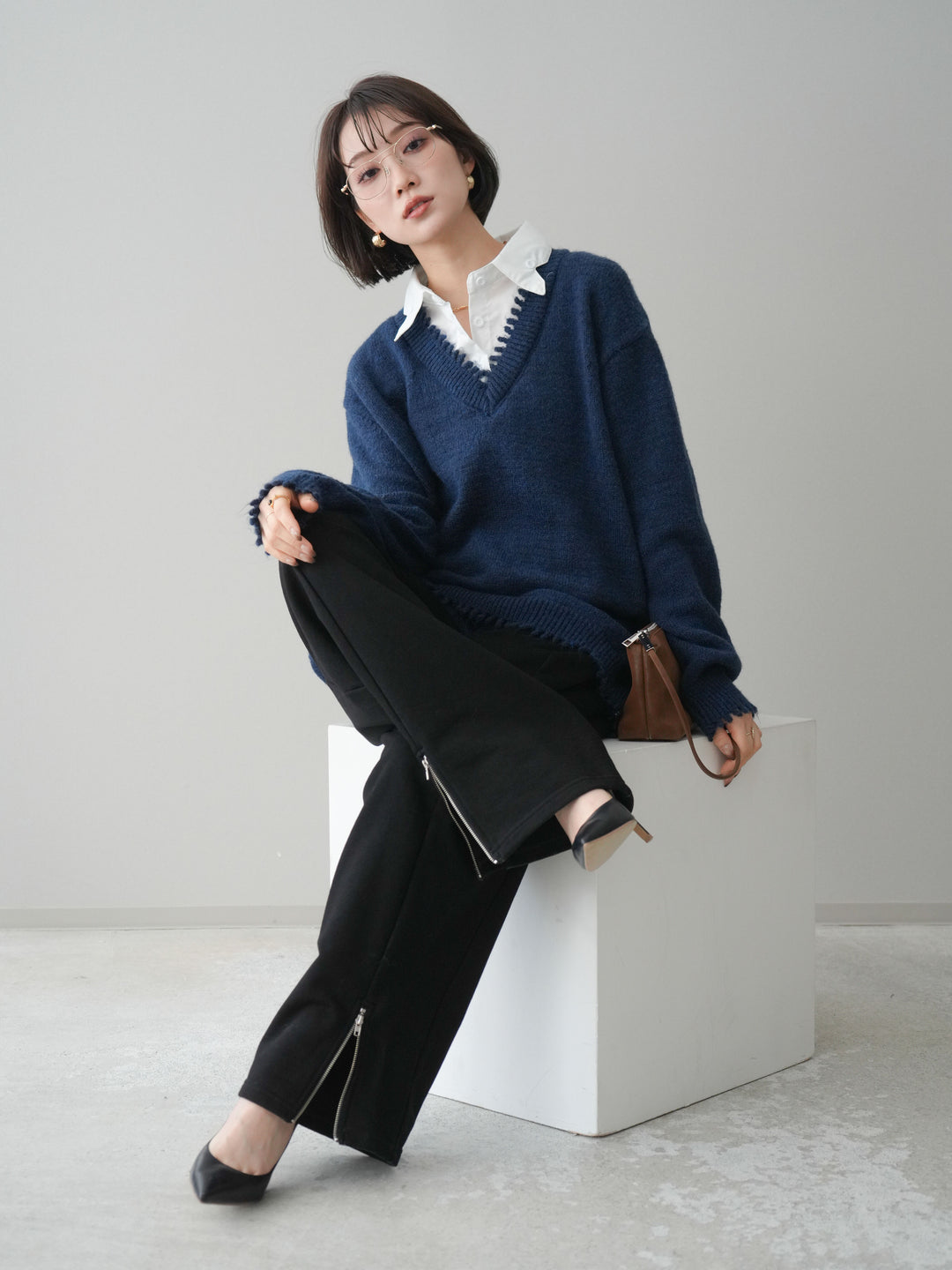 [予約]シャツドッキングVネックフリンジニットプルオーバー/navy