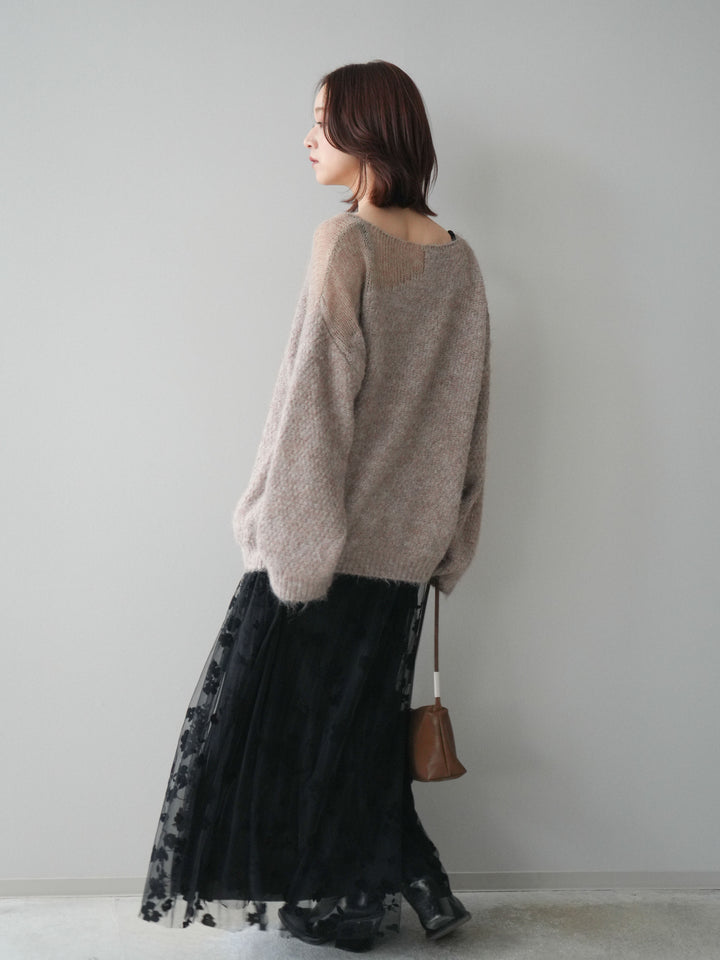 [SET]透かしデザインニットプルオーバー+フラワーフロッキーチュールプリーツスカート(2set)