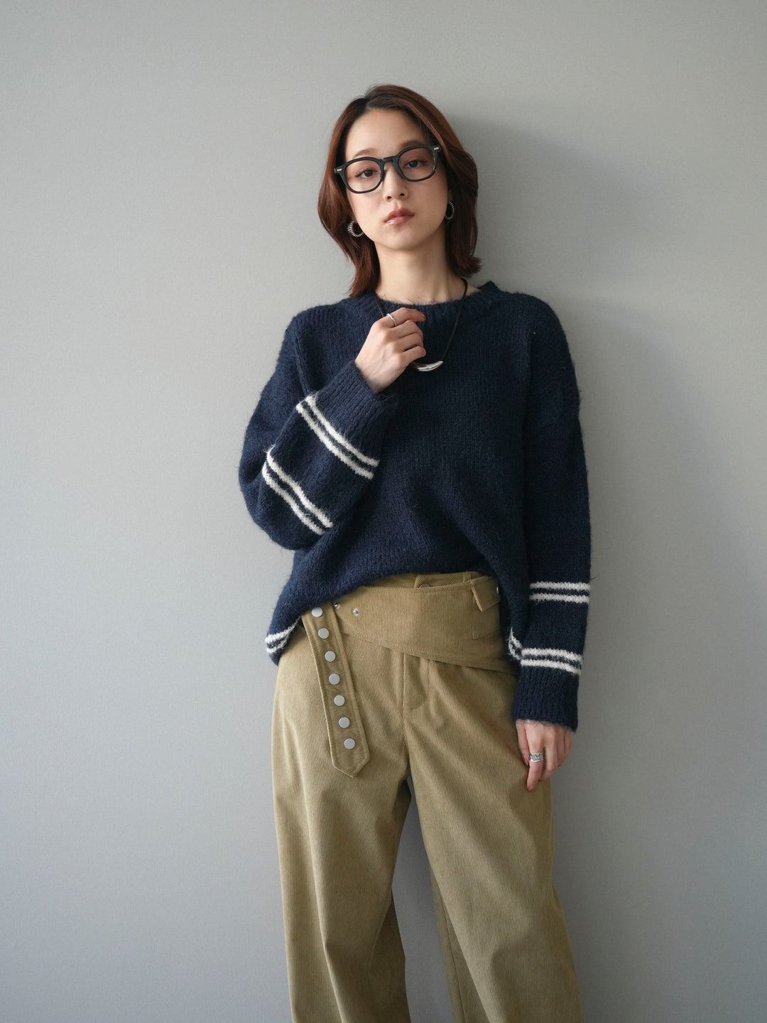 [予約]クルーネックラインボーダーニットプルオーバー/navy