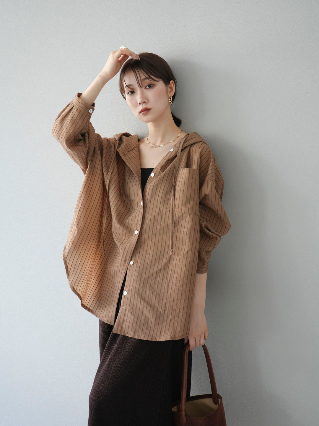 [予約]ワッシャーストライプフーディーシャツ/ブラウン