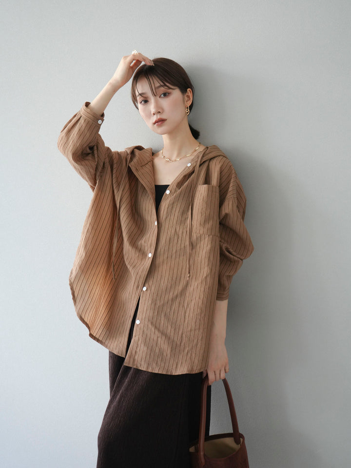[予約]ワッシャーストライプフーディーシャツ/ブラウン