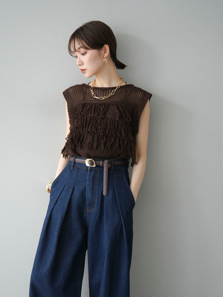 【預購】鏤空流蘇針織上衣/棕色