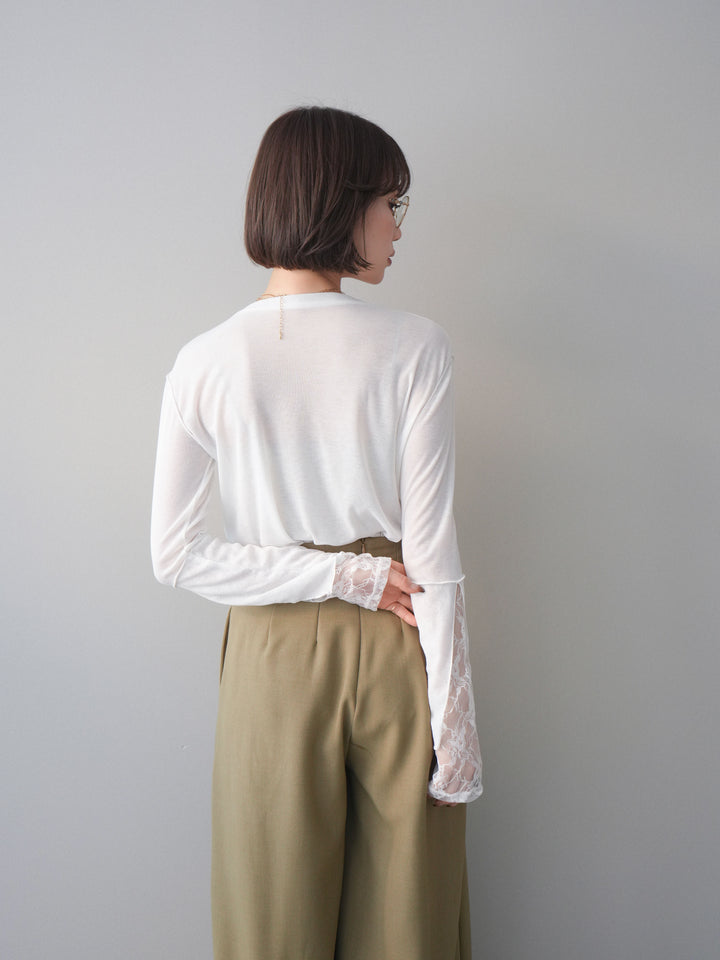 [予約]袖レースレイヤードデザインメロートップス/white