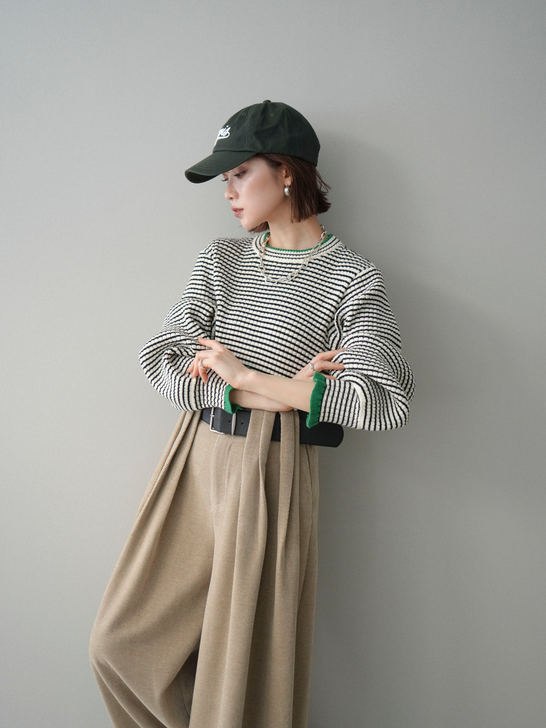 [予約]ラメ異素材ボーダーリブニットプルオーバー/off×green