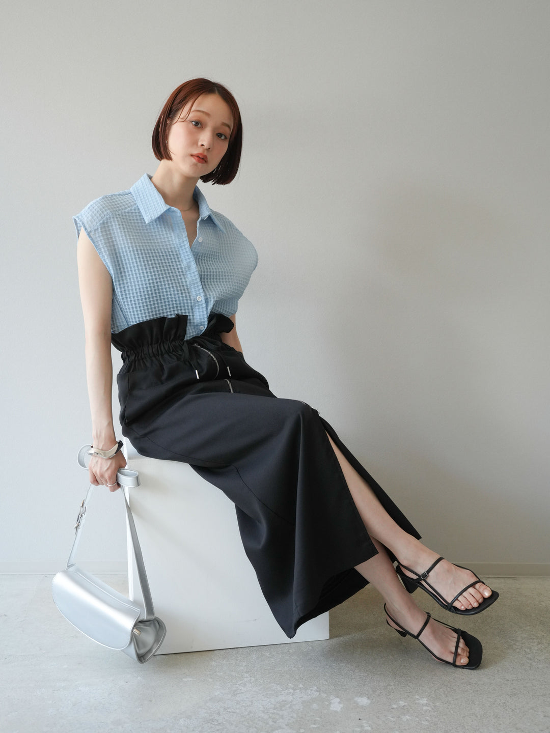 [SET]シアーチェックノースリーブシャツ+ヘザーエステルギャザージップスカート(2set)