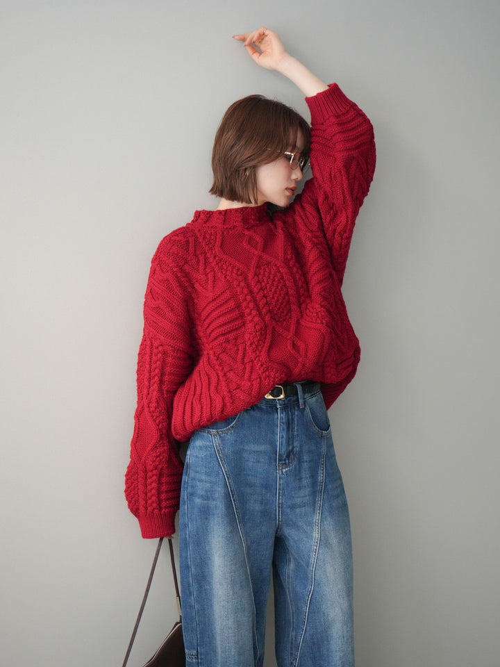 [SET]ケーブル編みモックネックニットプルオーバー+選べるアクセセット(2set)