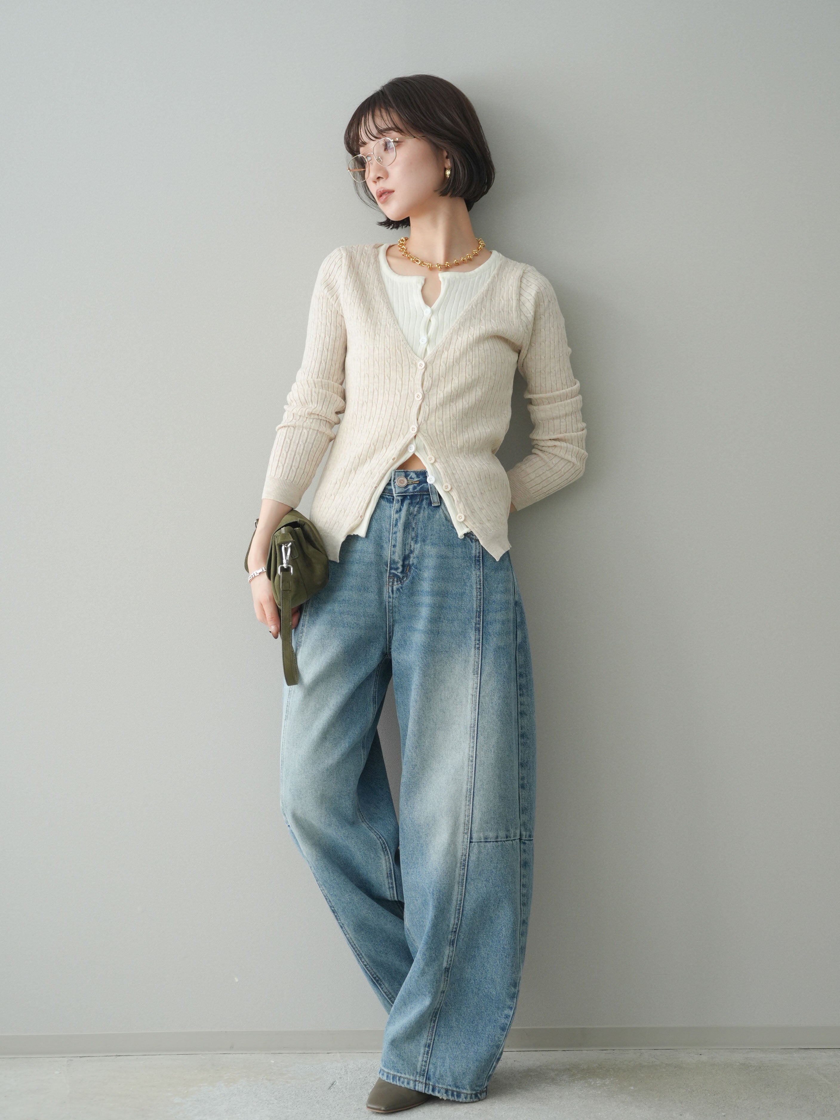 SET]バイカラーレイヤードニットカーディガン+ガーメントウォッシュ