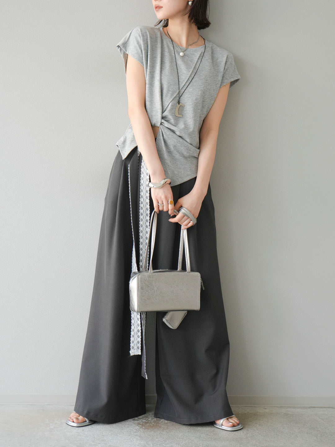 [予約]カシュクールTシャツ＆コームネックレスSET /グレー