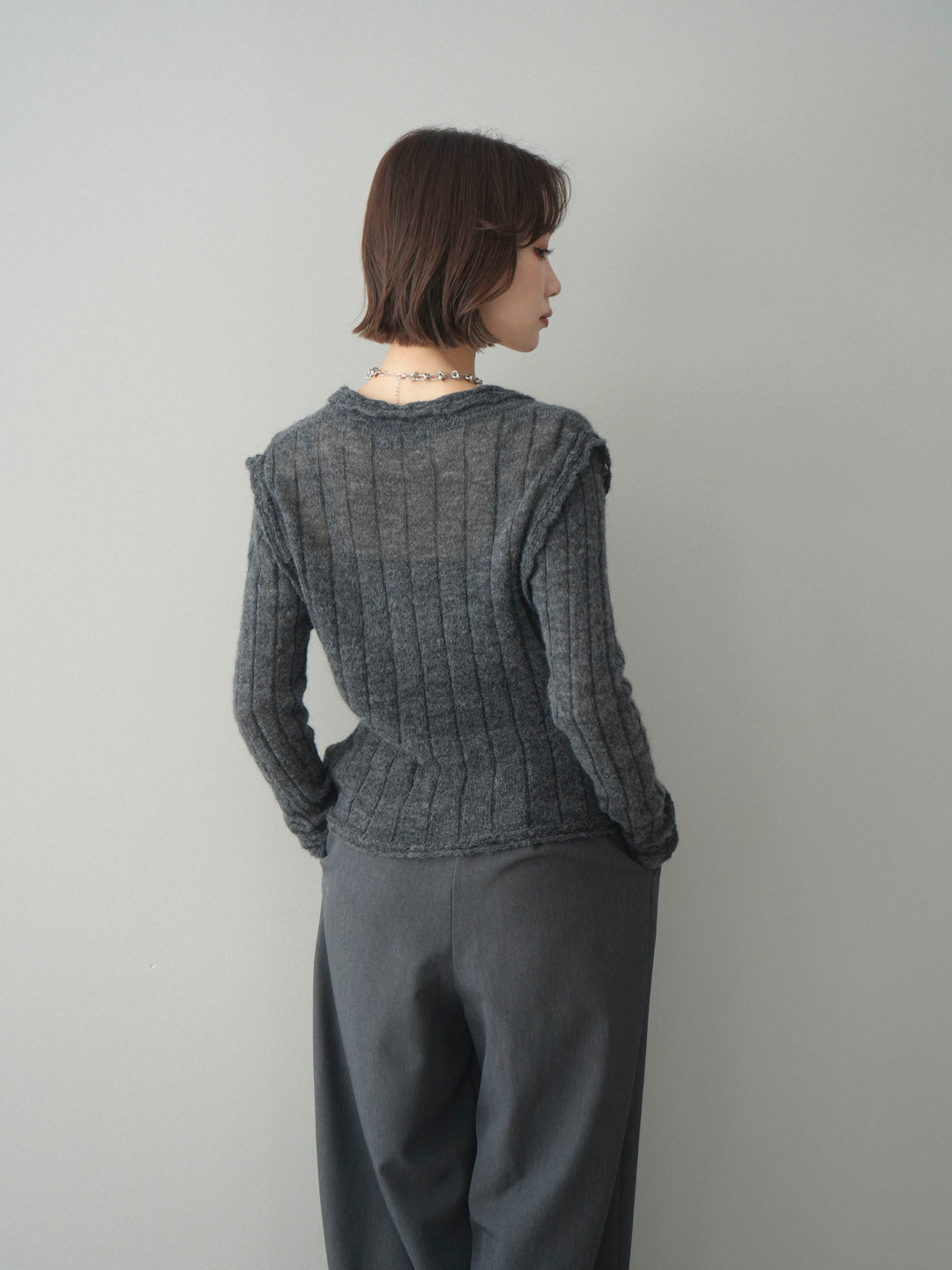 [予約]透かし襟モヘアタッチニットカーディガン/charcoal