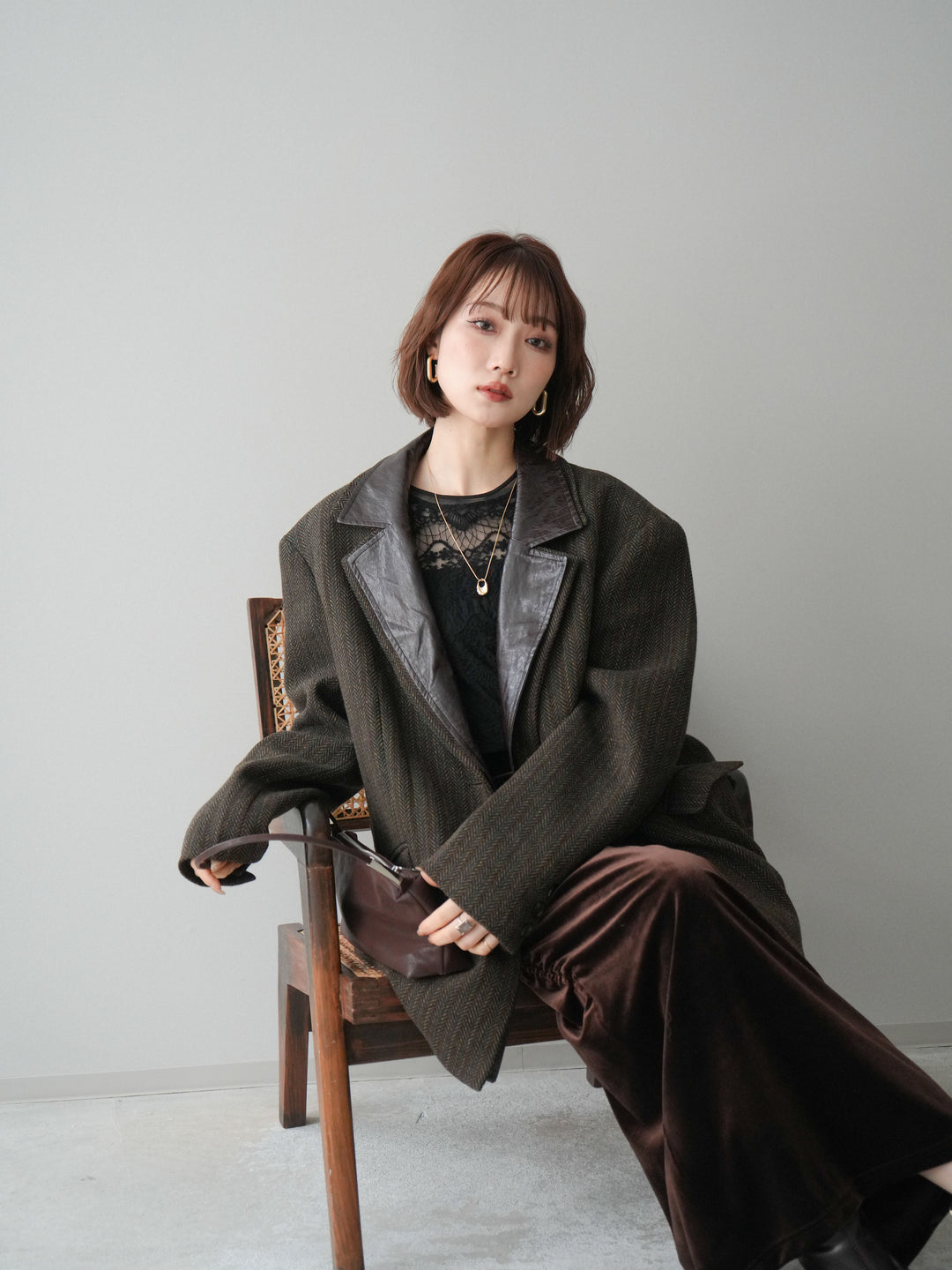 [SET]レイヤードデザインツイードテーラードジャケット+チュールレーストップス+ギャザーベロアスカート(3set)