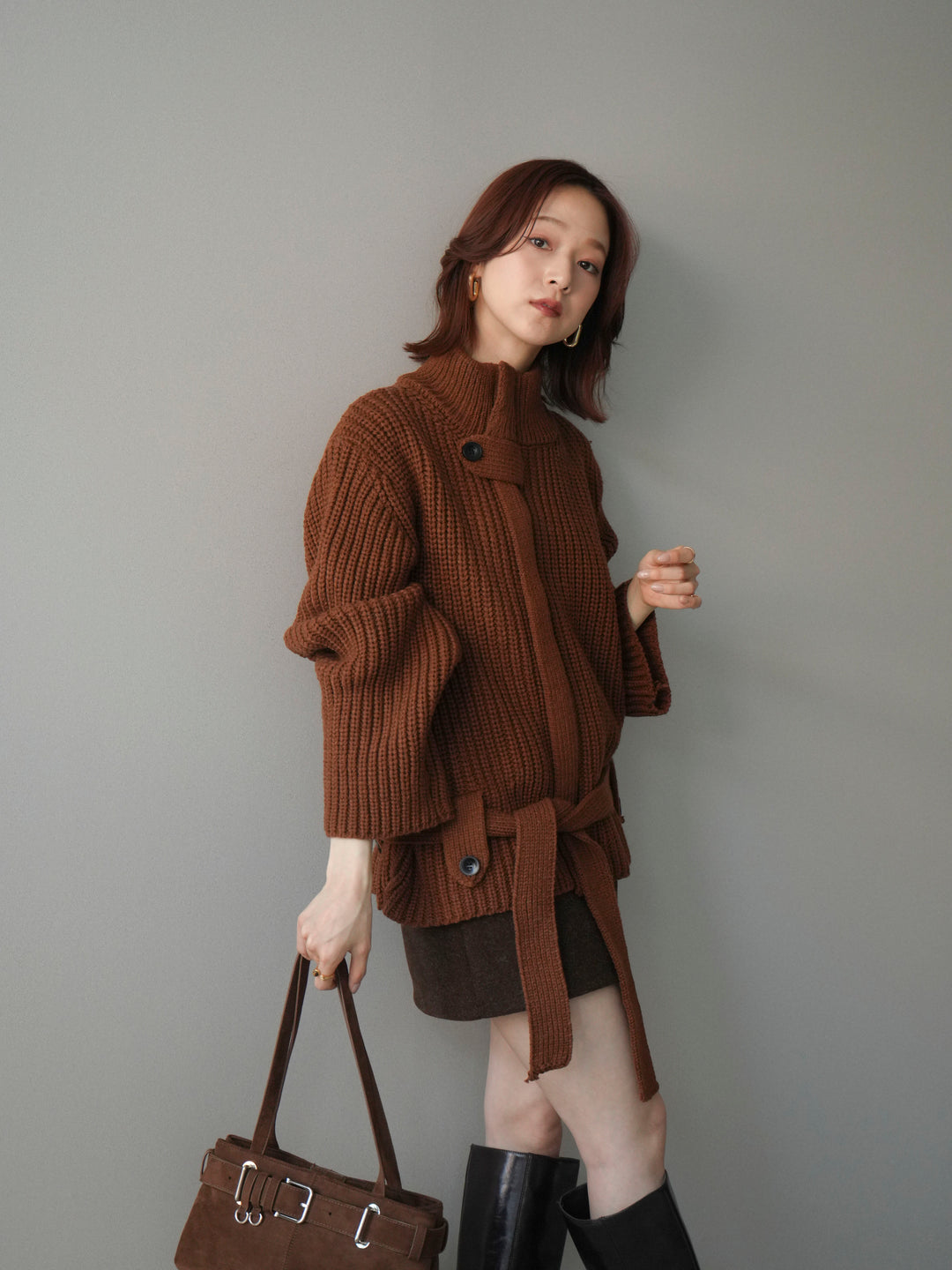 [予約]畦編みボトルネックZIPニットカーディガン/brown