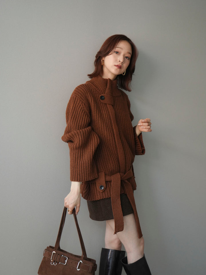 [予約]畦編みボトルネックZIPニットカーディガン/brown