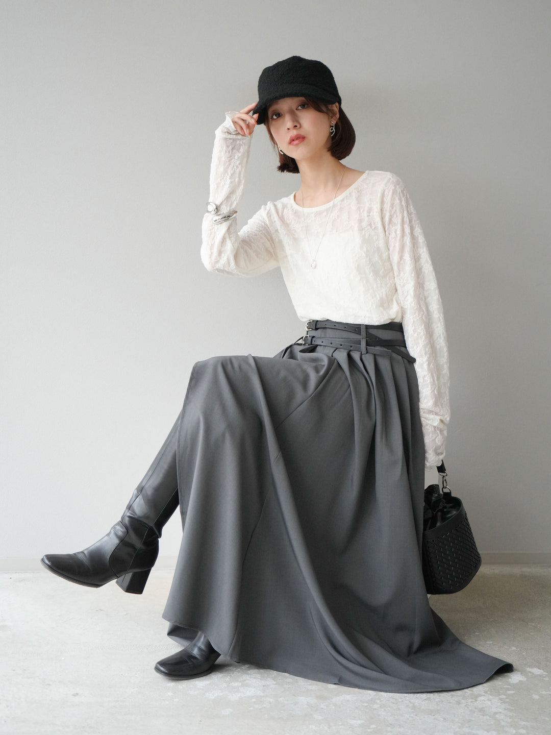 [SET]シアージャガードトップス+エステルプリーツスリットスカート(2set)