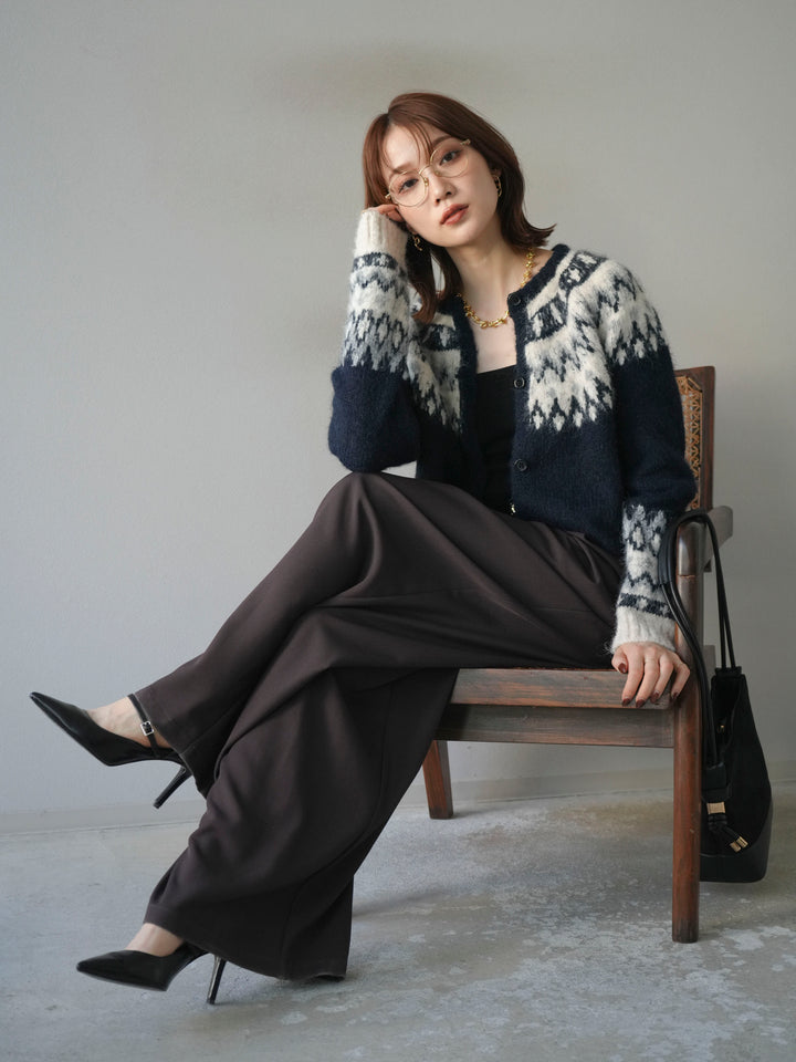 【着回しセット】[SET]求心柄クロップドニットカーディガン+異素材ミックスヤーンニットプルオーバー+ベルトループデザインワイドパンツ(3set)