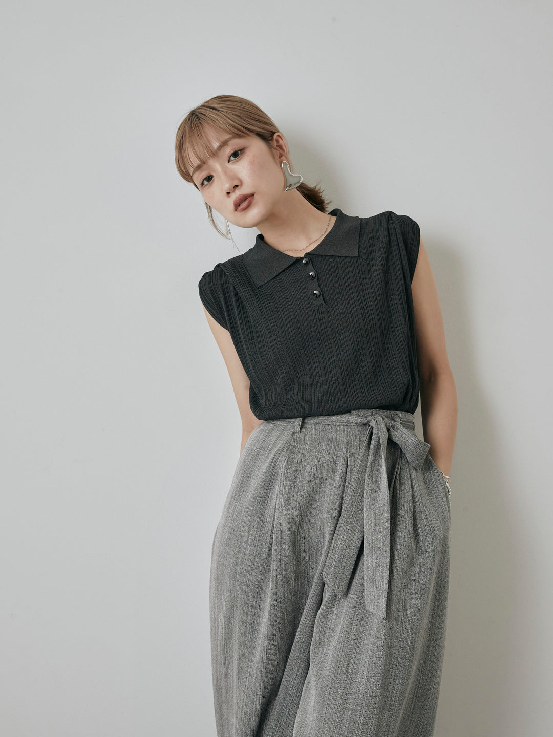 [予約]ランダムリブポロニットベスト/チャコール