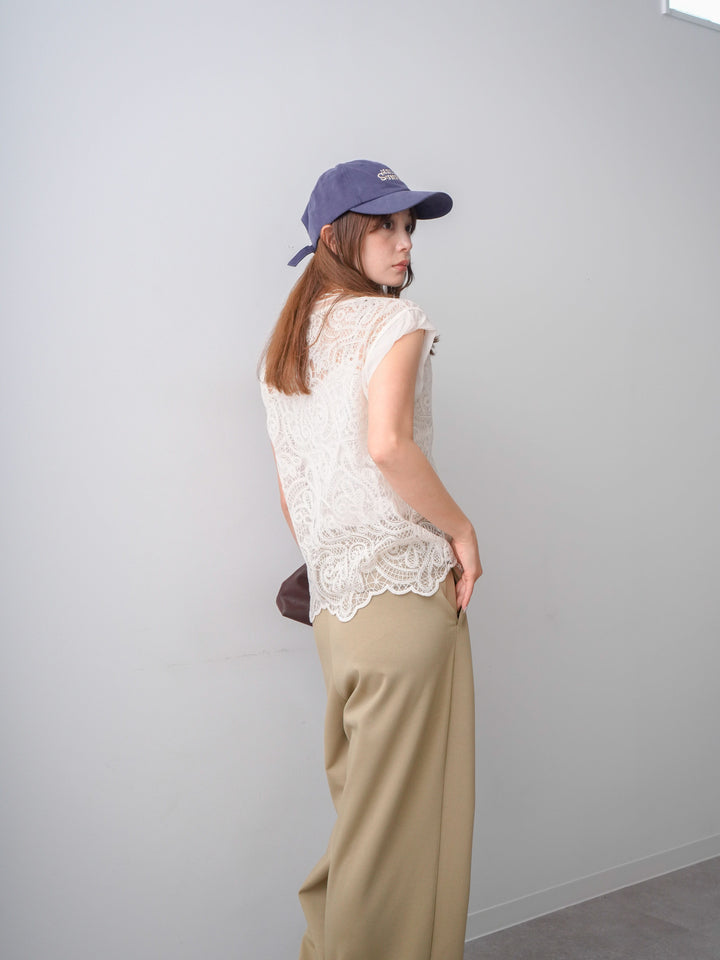 [SET]スカラップヘムレーストップス+リラックスドレープスウェットパンツ(2set)