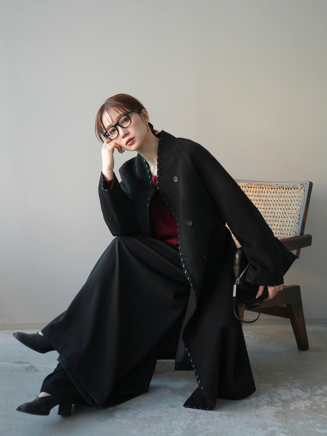 [SET]ハンドステッチ裏中綿ロングコート+テープベルトタックバギーパンツ(2set)