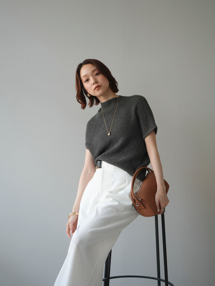 [SET]アシンメトリーローゲージニットトップス+アシンメトリーベルトタックワイドパンツ(2set)