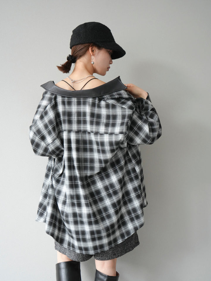 【着回しセット】[SET]レザー襟オンブレチェックオーバーシャツ +クラッシュベロアナロースカート+ツイードハーフパンツ(3set)