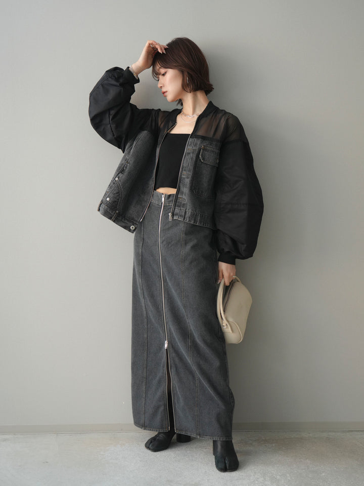 [SET]異素材デニムブルゾン+フロントジップデニムスカート(2set)