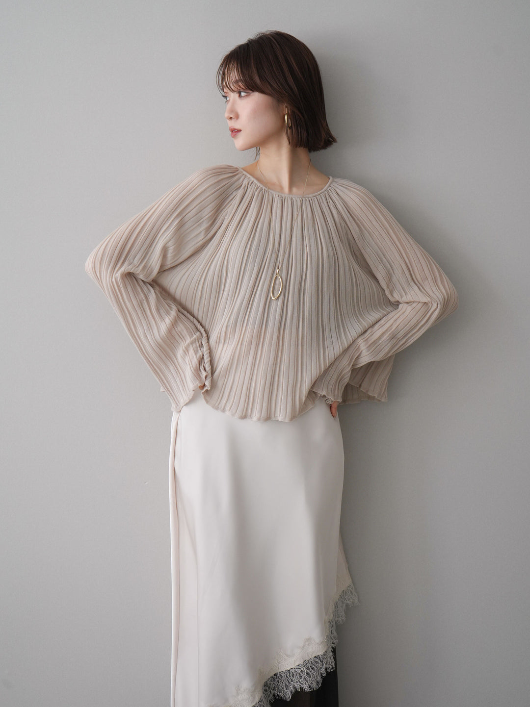 [SET]プリーツシアーフレアスリーブニットトップス+センターシームフレアパンツ(2set)