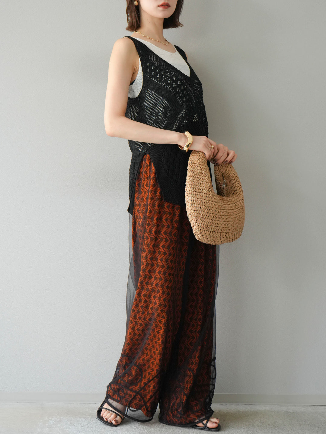 [予約]レーヨンフレックススラブウェーブ柄ストレートパンツ/オレンジ