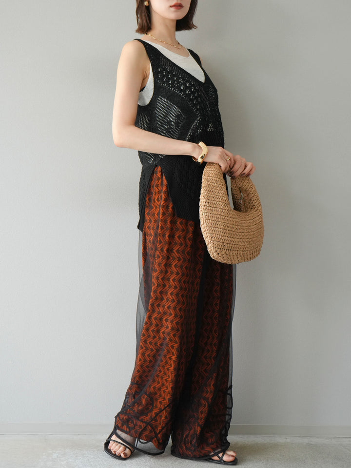 [予約]レーヨンフレックススラブウェーブ柄ストレートパンツ/オレンジ