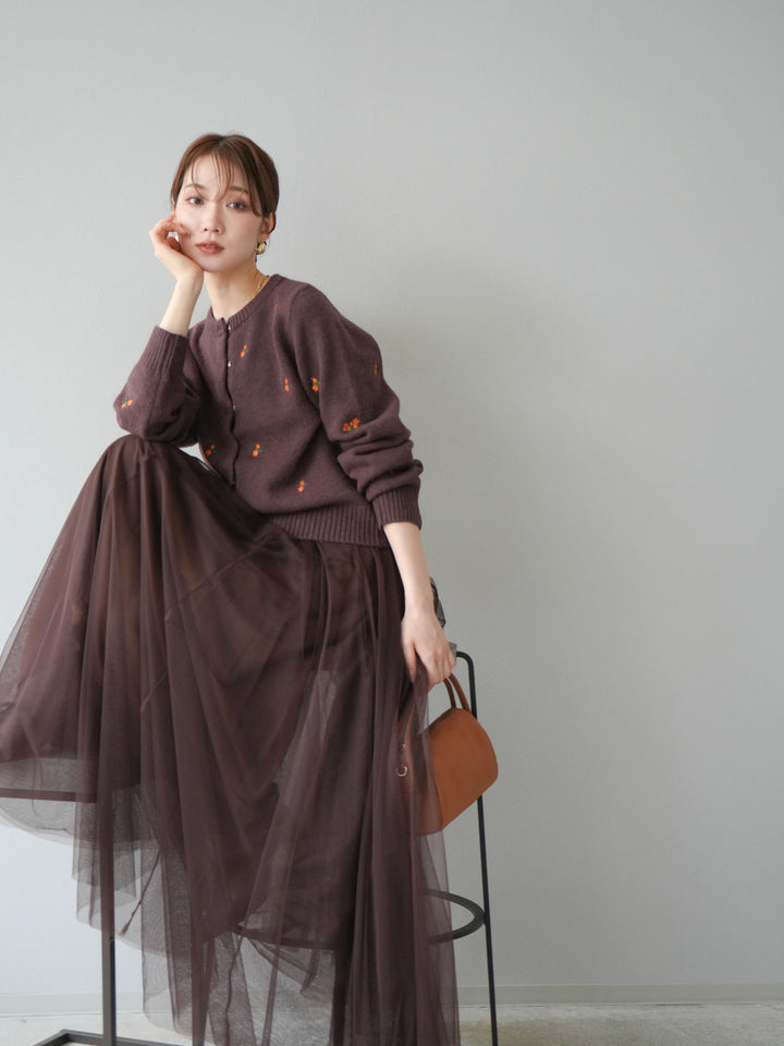 [SET]フラワー刺繍ニットカーディガン+チュールボリュームスカート(2set)