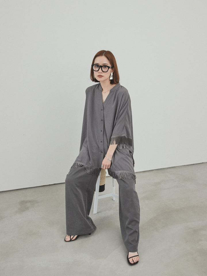[SET] 方形流蘇斗篷襯衫 + 亞麻觸感褶皺寬褲 (2 件套)
