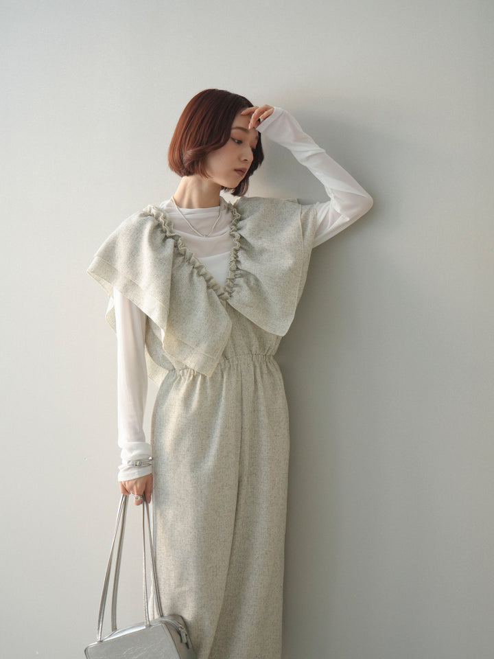 [SET]3WAYミックスツイードギャザーオールインワン+シアープチネックストレッチトップス(2set)