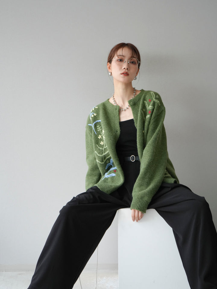 [SET]フラワー刺繍ニットカーディガン+ベルト付タックワイドパンツ(2set)