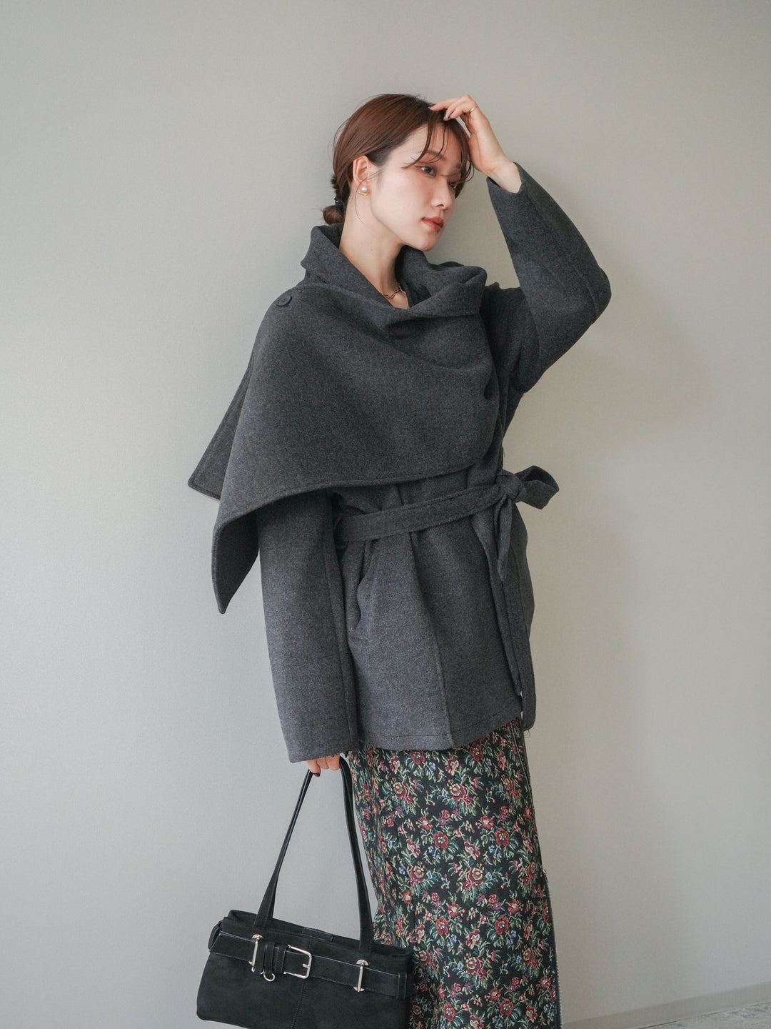 [予約]ストールデザインショートコート/charcoal