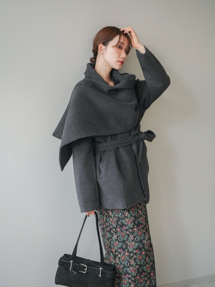 [予約]ストールデザインショートコート/charcoal