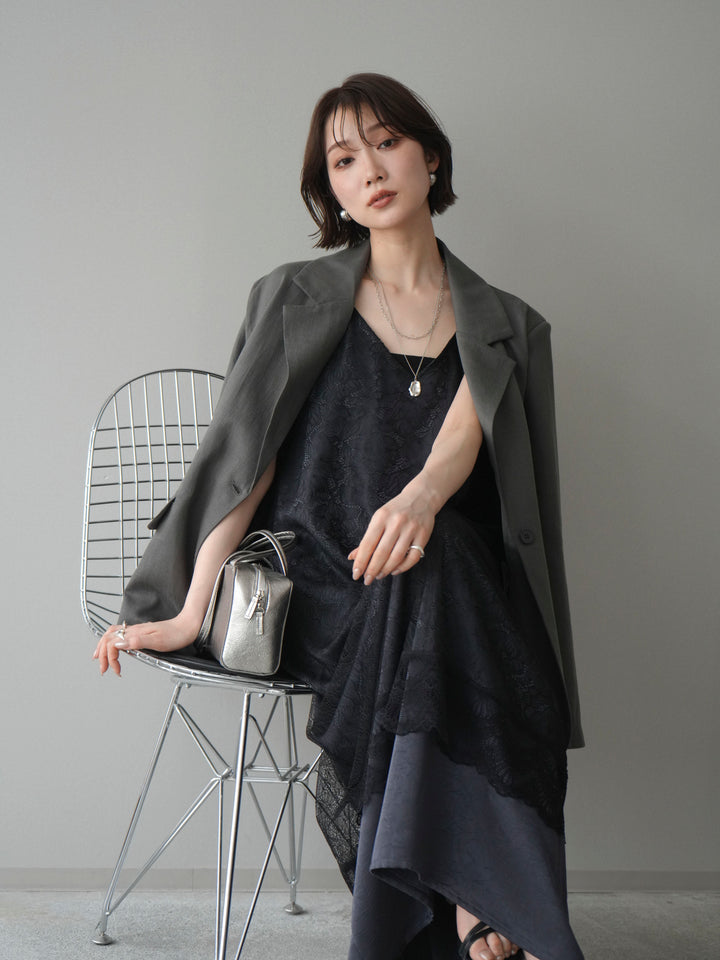 [SET]サテンレースレイヤードキャミワンピース+リネンタッチオーバージャケット(2set)