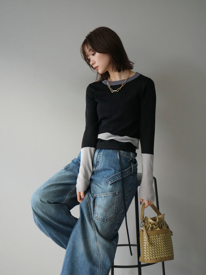 [予約]異素材配色デザインニットトップス/ブラック