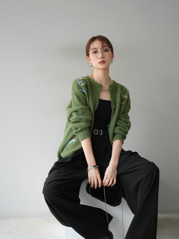 [予約]フラワー刺繍ニットカーディガン/グリーン